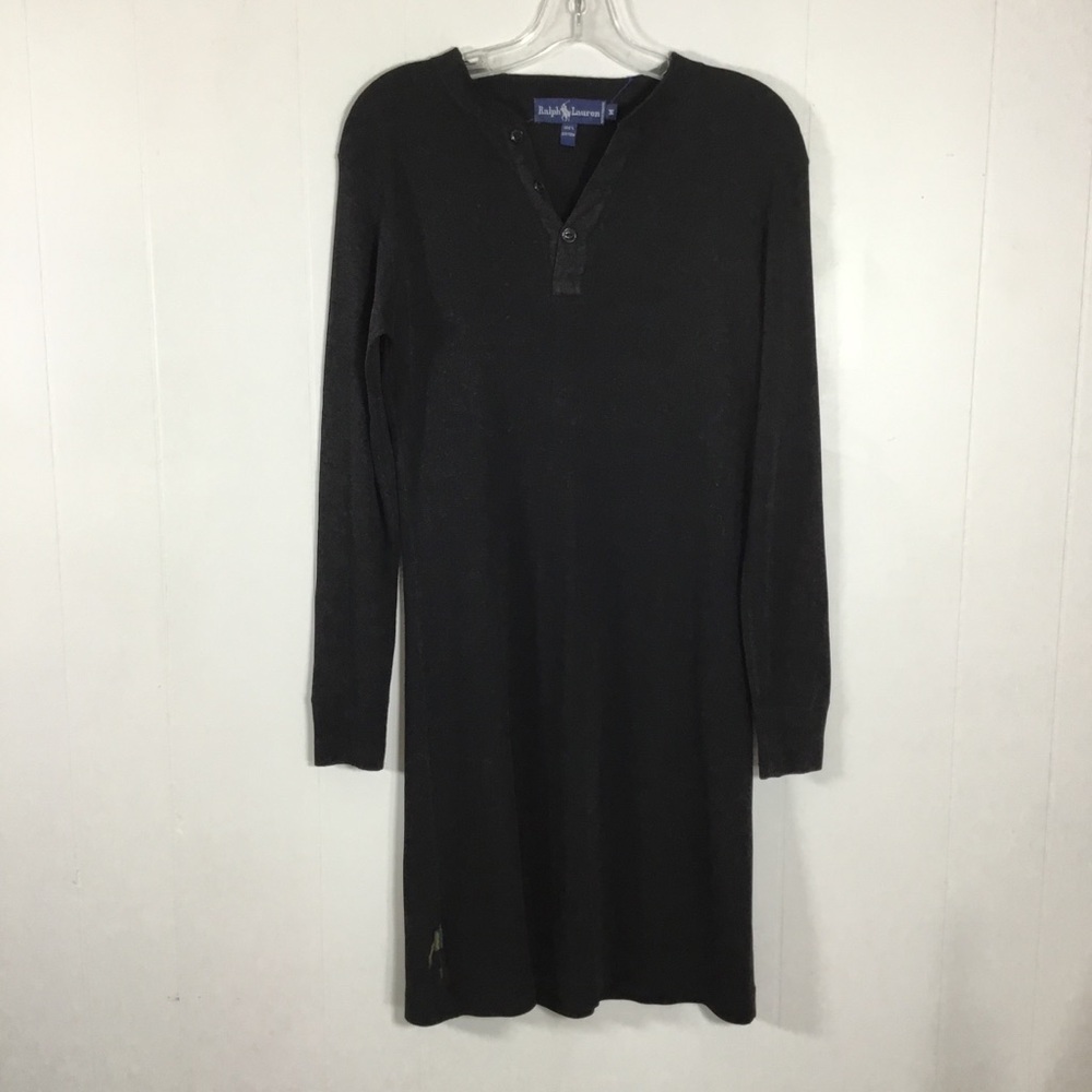 Ralph Lauren Blue Label Polo Dress M Black Knit Cotton Preppy Tennis Long Sleeve